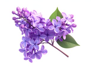 Rendered branch of purple flowers, green leaves, and stem on white