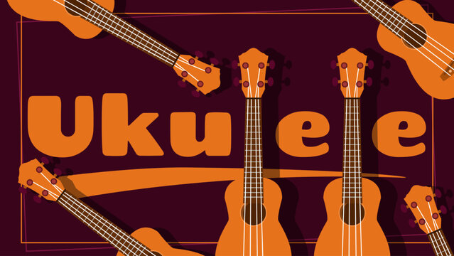 This illustration features a vibrant and stylish tribute to the ukulele against a deep maroon background. National Ukulele Day, February 2nd. Musical instrument. Music background.