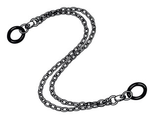 Robust black and white graphic representation of a double metal chain securely connecting two large rings, perfect for conveying themes of strength, security, and industrial reliability in