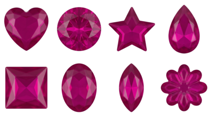 Magenta ruby gemstone set including heart, round, star, pear, square, oval, marquise, and flower shapes isolated. Jewelry design and precious stone collection.