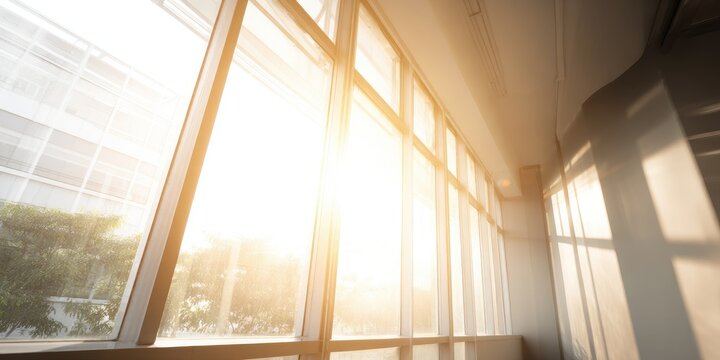 Bright sun streams through a wall of windows, light streaks interior