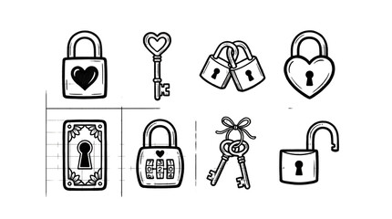 Lock and key set including heart shaped, padlock, combination, and keyhole variants isolated. Security and romance themed illustration collection.