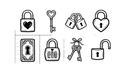 Lock and key set including heart shaped, padlock, combination, and keyhole variants isolated. Security and romance themed illustration collection.