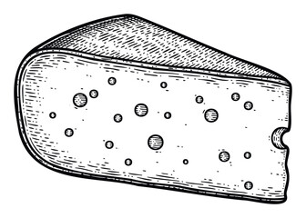 Delicious wedge of Swiss cheese with characteristic holes depicted in a vintage monochrome engraving technique, excellent for culinary publications, food branding, or restaurant promotions.