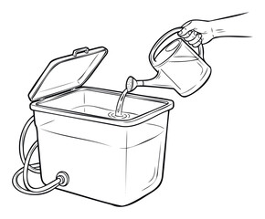 Hand pouring water from a watering can into a large transparent storage container with an open lid and attached hose, ideal for instructional diagrams or educational content