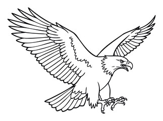 Obraz premium Bold black and white line drawing of a powerful bald eagle with wings outstretched and talons ready, excellent for use in patriotic illustrations, educational content, or inspiring brand