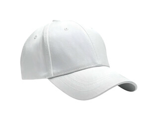 A white baseball cap isolated on a black background, angled view