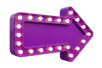 Vibrant Purple Arrow Sign Illuminated with Soft White Lights on a Transparent Background