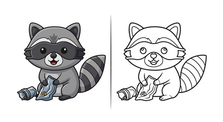 Obraz premium Raccoon Eating From Trash Can Coloring Page With Detailed Line Art for Kids Education