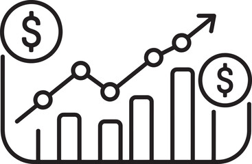 Financial growth chart represented by a bar and line graph with dollar signs