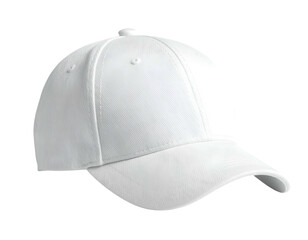 A pristine white baseball cap, angled slightly, isolated on black
