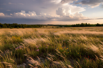 peaceful countryside scene with wind-swept prairie and vibrant twilight colors above