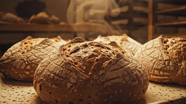 Artisan Spelt Sourdough Loaves with Visible Grain Texture on the Crust Baking in a Warm Bakery Environment
