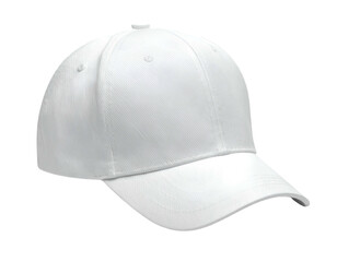 A clean, white baseball cap with a curved brim, against a black background