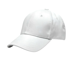 Solid white baseball cap, simple design, forward-facing view, isolated
