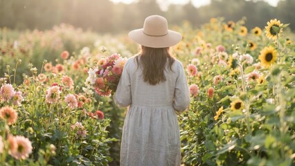 Woman in Flower Field with Bouquet Nature Sunlight Outdoors. Concept featuring woman, flower field, bouquet, nature, sunlight.