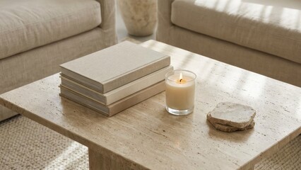 Cozy Living Room Table Setup Coffee Table Books Candle. Concept featuring living room, coffee table, books, candle, decor.