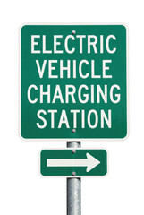 Electric Vehicle Charging Station Sign with Arrow Indicator on Vibrant Green Background