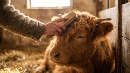Grooming a Highland Cow in Barn Animal Care Farm Life Livestock. Concept featuring highland cow, grooming, barn, animal care, farm life.
