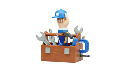 Cartoon Hand Holding Cap Above Toolbox with Tools
