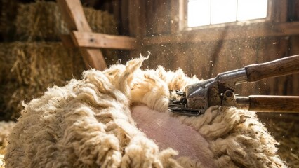 Sheep Shearing in Rustic Barn Wool Agriculture Farm. Concept featuring sheep, shearing, wool, barn, agriculture.