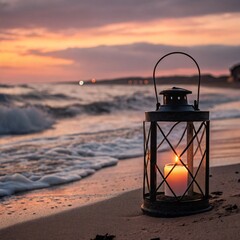 Serene beach scene with lantern at sunset on sandy shore