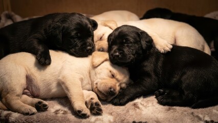 Adorable Sleeping Puppies Cute Dogs Black And Yellow. Concept featuring puppies, sleeping, adorable, cute, dogs.