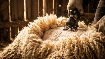 Sheep Shearing in Rustic Barn Wool Farm Livestock. Concept featuring sheep, shearing, wool, barn, farm.