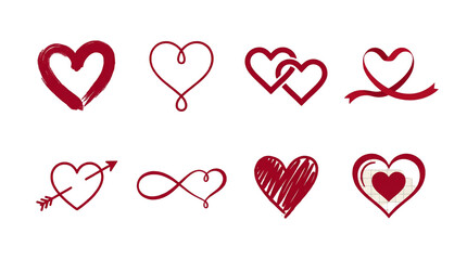 Red heart symbol set including brush, infinity, linked, ribbon, and arrow styles isolated. Romantic design elements for valentines and wedding.