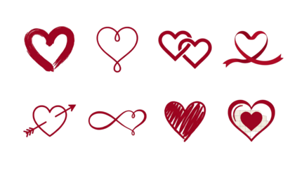 Red heart symbol set including brush, infinity, linked, ribbon, and arrow styles isolated. Romantic design elements for valentines and wedding.