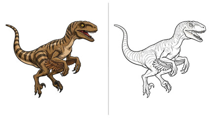 Fototapeta premium Velociraptor Dinosaur Coloring Page With Striped Design and Line Art Comparison Side by Side