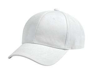 Solid white baseball-style cap, angled slightly. Isolated on black