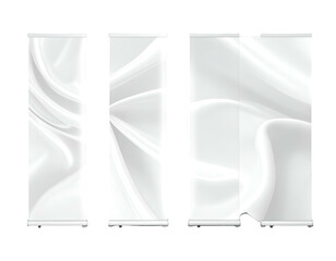 Three roll-up banner stand mockups showcasing a white, flowing fabric