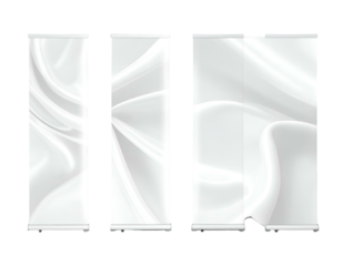 Three roll-up banner stand mockups showcasing a white, flowing fabric