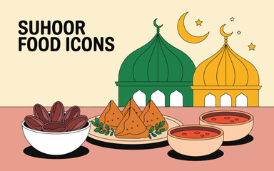 Traditional suhoor food icons with dates and mosque domes in the background during ramadan Vector illustration