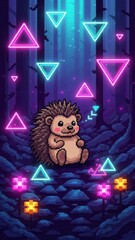Cute Pixel Art Hedgehog in Neon Forest Animals Digital Art Fantasy. Concept featuring hedgehog, pixel art, neon, forest, cute.