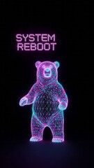 Futuristic Bear with System Reboot Text Wireframe Neon Digital Art. Concept featuring bear, wireframe, neon, digital art, 3d model.