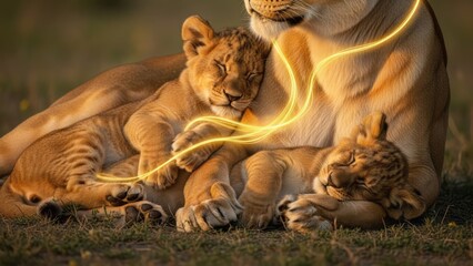 Lioness with Sleeping Cubs in Golden Light Wildlife Nature Animal Family. Concept featuring lioness, lion cubs, wildlife, nature, animal family.