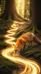 Magical Fox by Enchanted Stream Forest Nature Wildlife. Concept featuring fox, magical, forest, stream, nature.