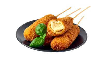Corndog Mozzarella with Mayonnaise on Plate, Isolated on Transparent Background