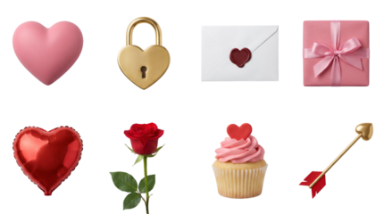 Valentine's Day romantic elements set including heart, lock, envelope, gift, balloon, rose, cupcake, and arrow isolated. Love and celebration icons collection.