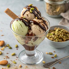 Delicious ice cream sundae with chocolate sauce and nuts in glass