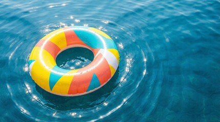 Colorful swim ring floating on water surface with sunlight reflections  