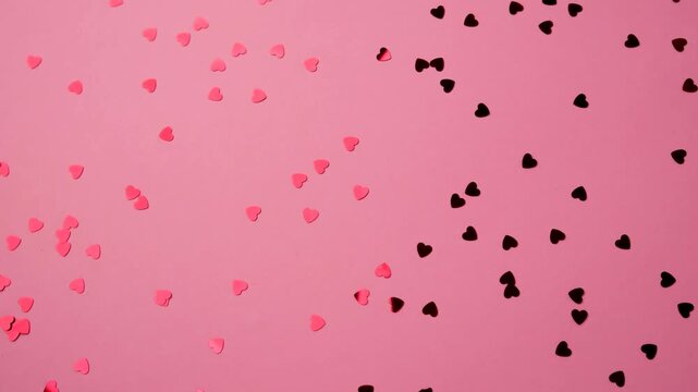 Small pink and red heart confetti scattered on a vibrant pink background for Valentine\'s Day celebration