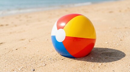 Colorful beach ball resting on sandy shore by the ocean  
