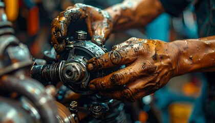 dirty and oily mechanic working on a car engine or complex industrial machine part. Textured details highlight the hard work, care and technical expertise in a beng environments