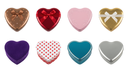 Heart shaped tin box set including red, gold, pink, purple, polka dot, and metallic variants isolated. Valentine's Day gift and candy packaging collection.