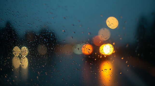 Rain drops on window glass at night with vibrant golden orange bokeh lights