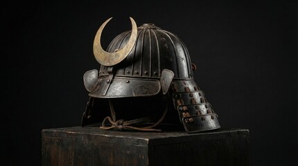 Traditional Japanese samurai helmet displayed on wooden pedestal  