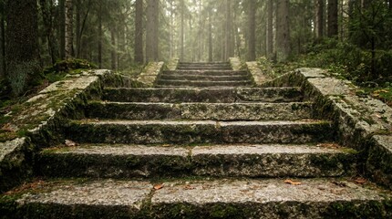 Stone steps leading through a misty forest in natural light  